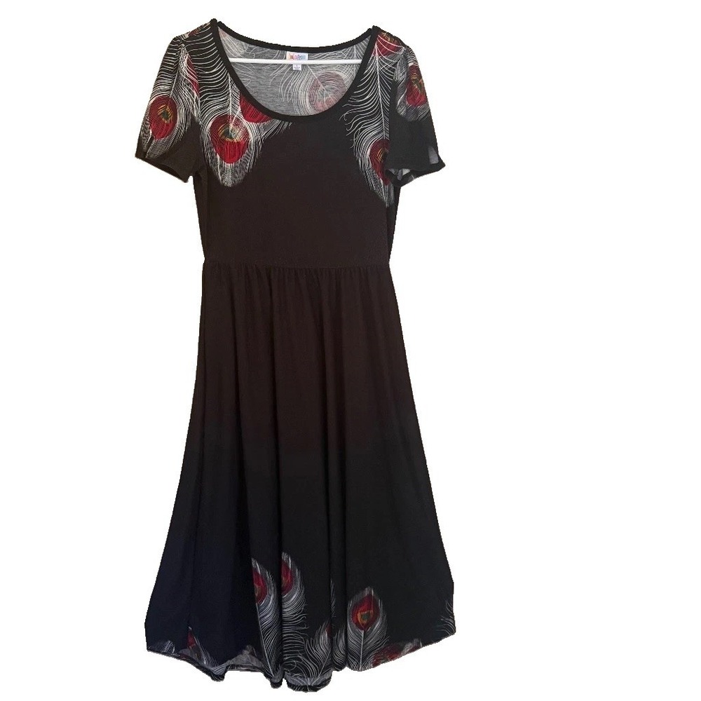 LuLaRoe Black Peacock Feather Print Riley Midi Dress L Short Sleeve Fit Flare